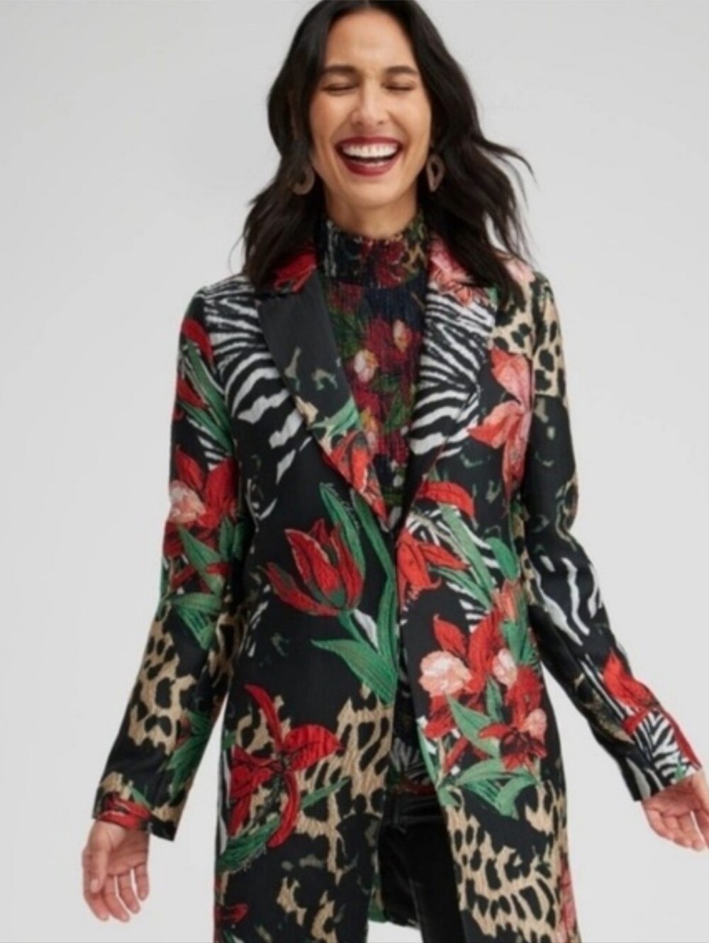 NEW Chico's Jacquard Floral Animal Print Blazer Jacket Black NWT 189$ Size XL 16
